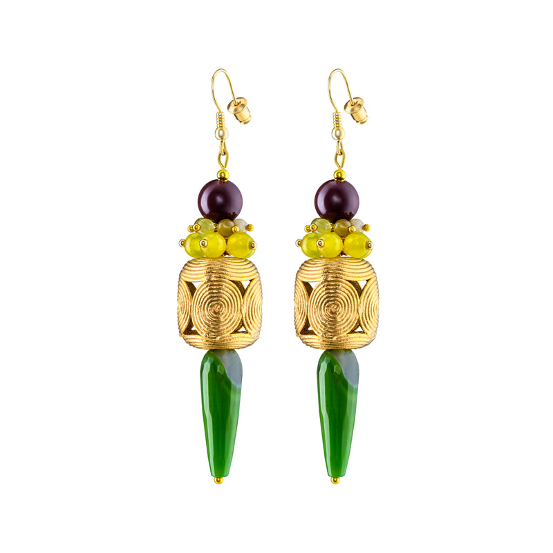 Akan Gemstones Statement Earrings - Green Agates