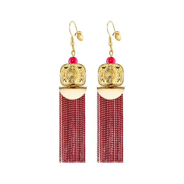 Akan Goldweight Cubes Chain Earrings - Red